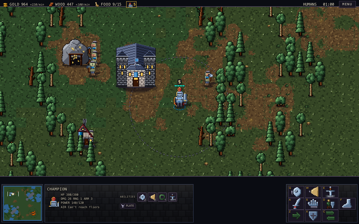 The game with a Champion selected: resources along the top, minimap and unit card at the bottom left, four abilities and a grid of keys at the bottom right.