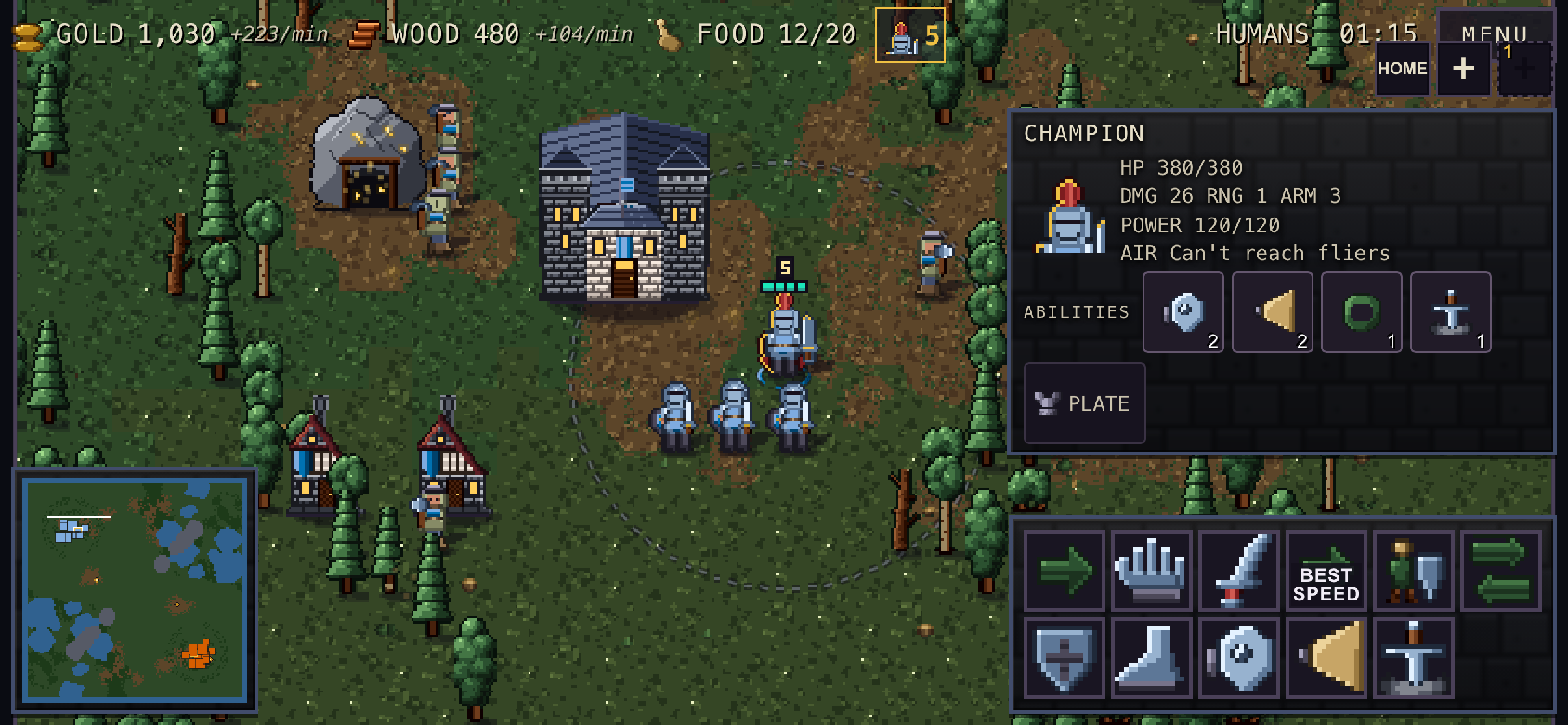 The same game running sideways on a phone: the battlefield and a gold mine on the left, the minimap below it, and on the right the selected hero's card, his four abilities and a grid of order buttons under the thumb.