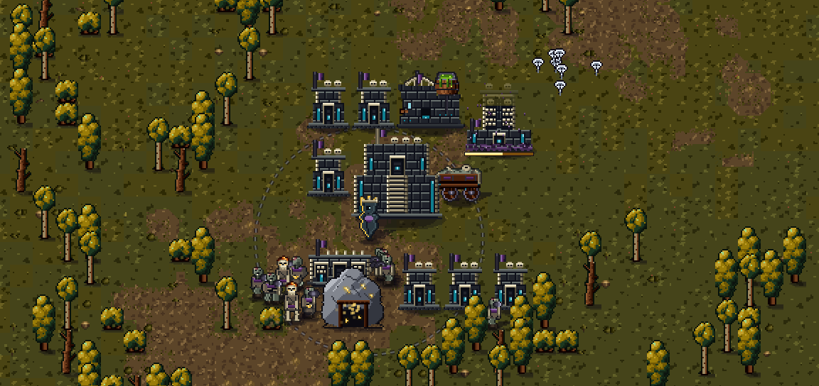 A Spooky Guys town in a thin wood: black stone halls with cold blue-lit doorways, a wagon of bodies outside them, and a gold mine at the bottom of the frame with a handful of pale workers around it.