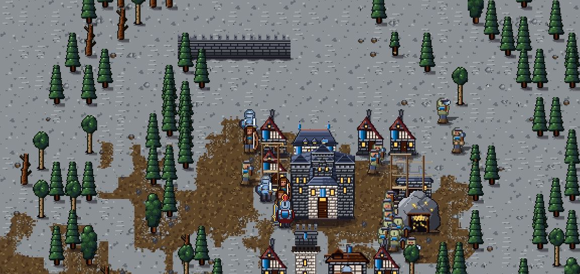 A human town in snow: a keep, farms with lit windows, bare birches and a wall running behind them.
