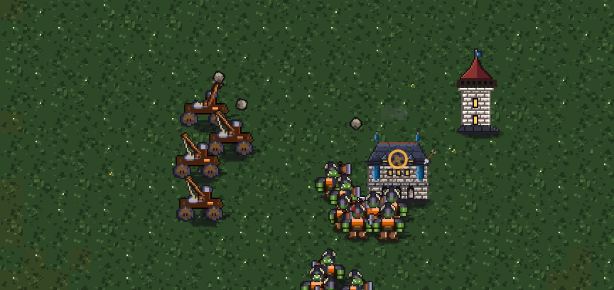 Four orc catapults in a field, boulders in the air, and a human barracks about to take them.