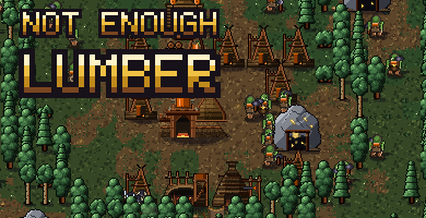 An orc camp in a forest clearing: log huts, two gold mines being worked, a lumber pile, and the words Not Enough Lumber cut into the top left of the frame.
